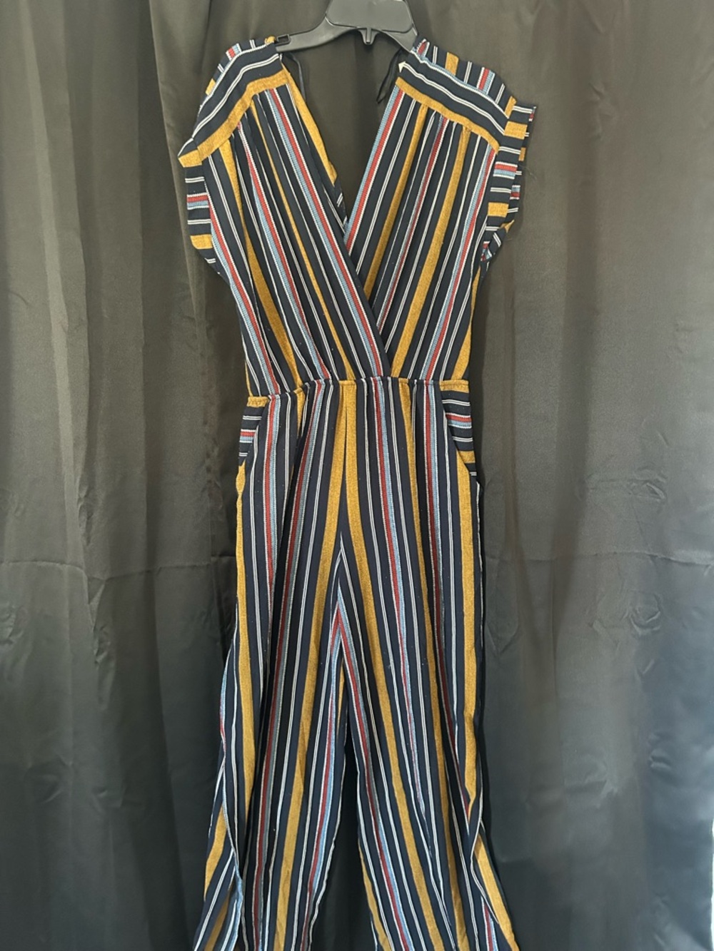 Monteau Striped Jumpsuit in Navy, Mustard & Red